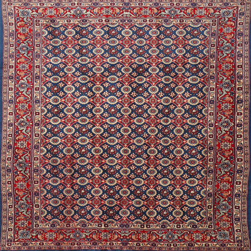 Tapis traditionnel rouge / bleu, Carré 4 pi