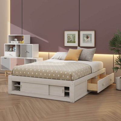 Queen Size Platform Bed Frame With Four Drawers And Footboard Storage, Without Headboard