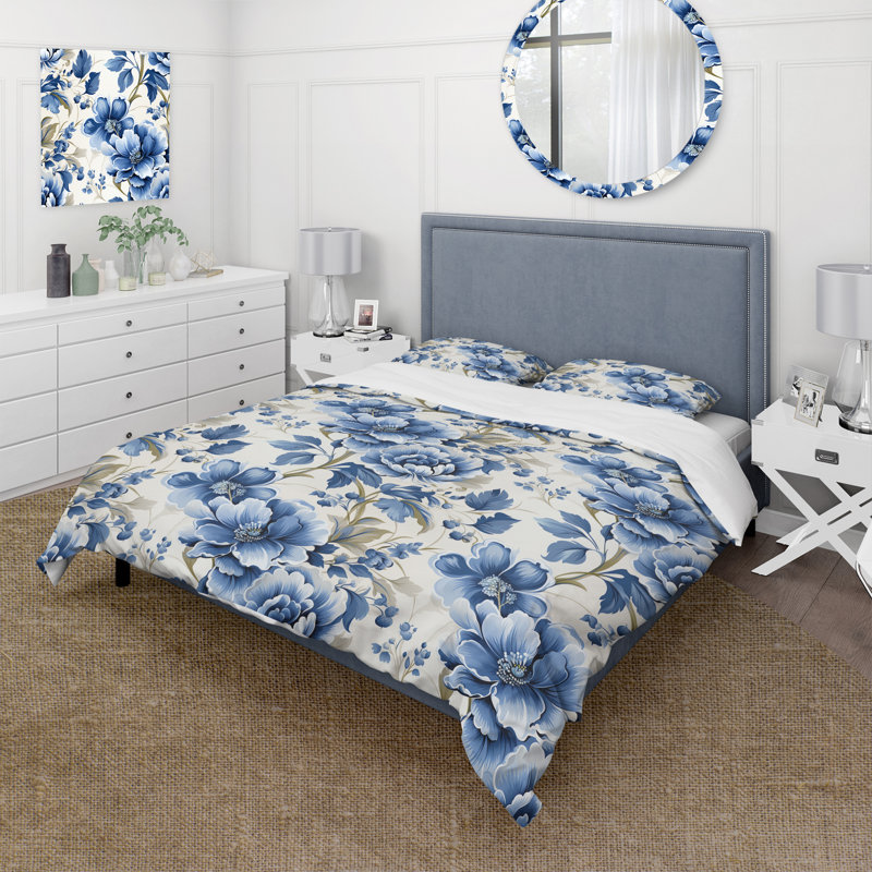 Cobalt Blue Neo Classical Victorian Pattern III Floral Duvet Cover, Twin Duvet Cover + 1 Standard Sham