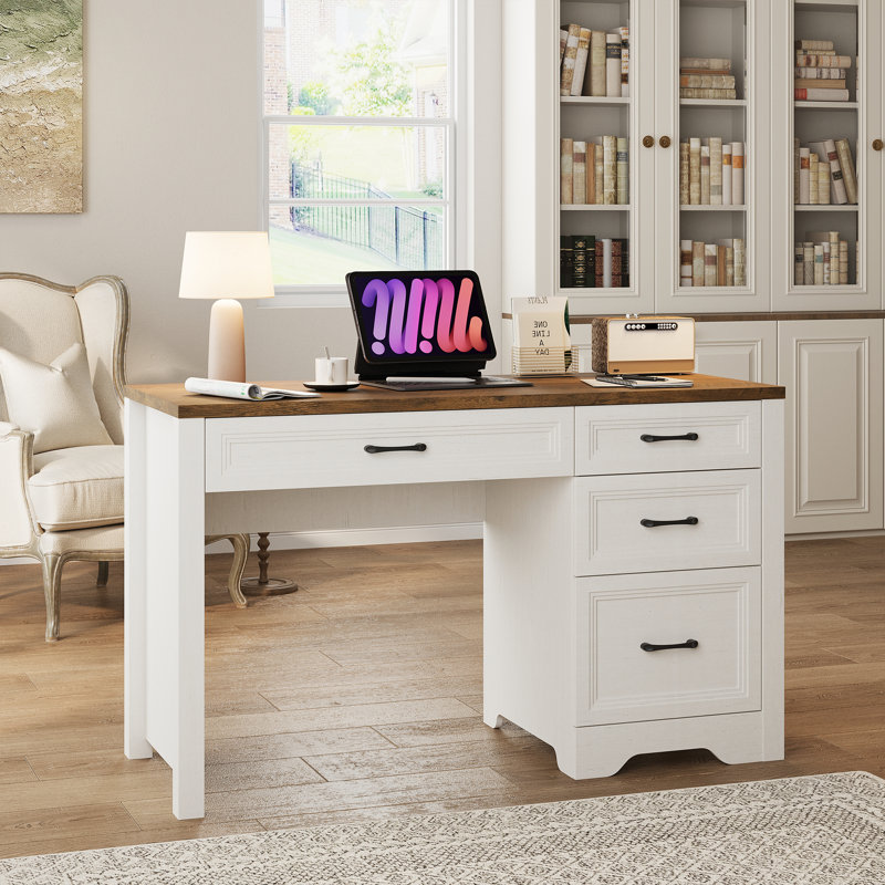 Executive Desk With Storage And Ample File Drawer, Brown/White
