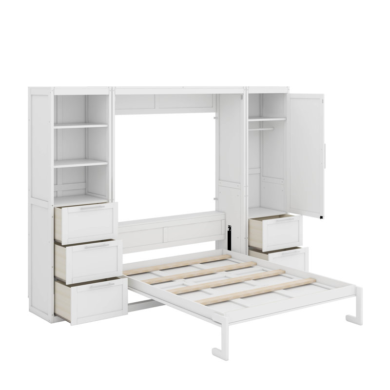 Grand lit escamotable avec tiroirs et tablettes, Blanc