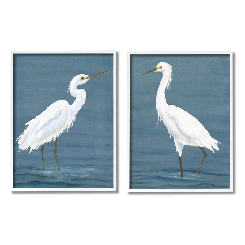 Aigrettes blanches sur le rivage 2 pièces, H 20 po x l 32 po x P 1,5 po, Estampe numérique encadrée blanc bord de mer