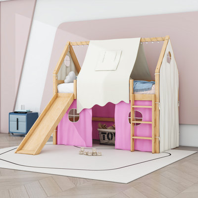 Wood House Loft Bed with Slide and Ladders