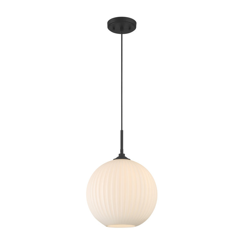 1 - Light Ribbed Frosted Glass Globe Pendant Light, Matte Black