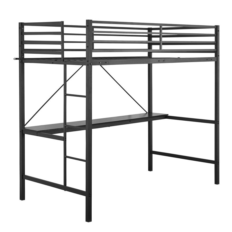 Metal Loft Bed Frame with Desk, Protective Guard Rails and Ladder, Black