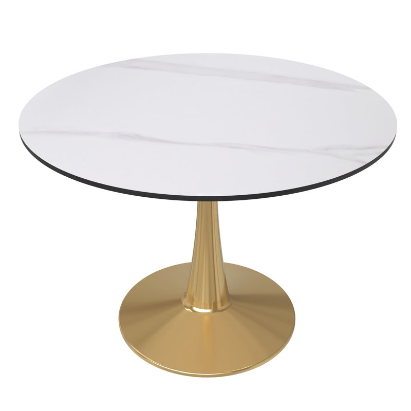 Dustin Round Dining Table with Sintered Stone Top and Gold Pedestal Steel Base - Seats 4 Person for Kitchen and Dining Room