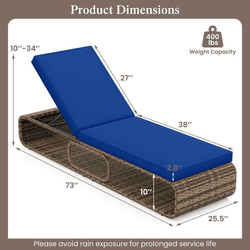Chaise longue d'extérieur avec coussin de dossier réglable et rangement, 1, Marine