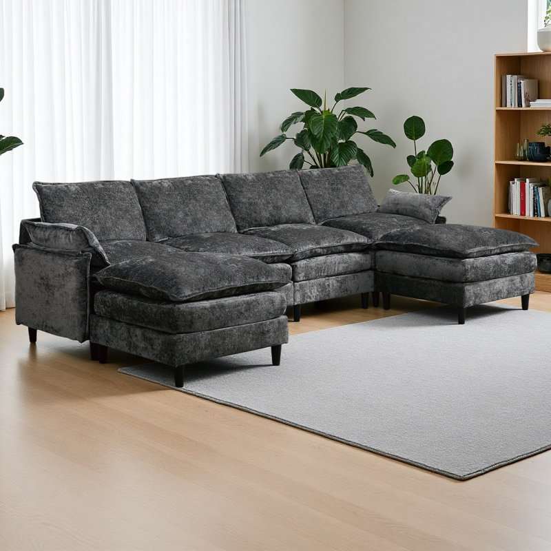 Modular Sofa,U Shaped Cloud Couch Comfy Set ,6-Seater, 2 Armrest Pillows,Convertible Sectional Couch, Dark Gray