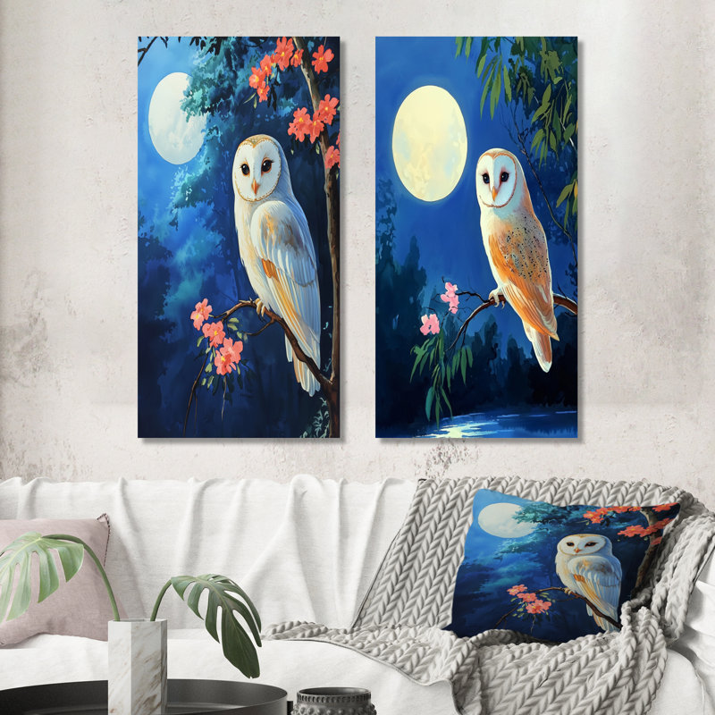 Floral chouette au clair de lune I - oiseau bleu, ensemble de 2 impressions murales en métal, 40" H x 40" W