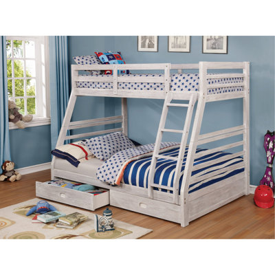 Twin Over Full Transitional Bunk Bed With Two Large Drawers Attached Ladder Wire-Brushed