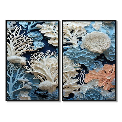Sous l'eau, coraux bleus et blancs, collage I - art mural bleu, 2 pièces