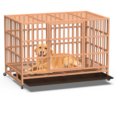 Meuble pour cage robuste pour chien de 48 po avec double porte, cage pliable en acier indestructible pour cage de chien avec roues verrouillables et plateau amovible, pour chiens de taille moyenne / grande