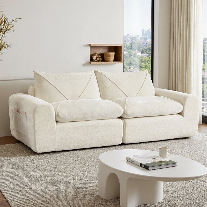 Canapé 85 places moderne 85,83 po en chenille minimaliste avec pédales, mousse haute densité et coussins à ressorts, causeuse spacieuse pour le salon, l’appartement et la famille