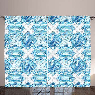 Rustikaler Vorhang, Punkte Tropische Blätter, Laubiges Design, Meerblau Weiß