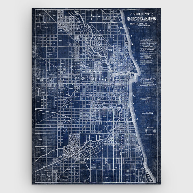 « chicago map blue », reproduction d’impression sur toile tendue, H 30 po x l 40 po x P 1,5 po