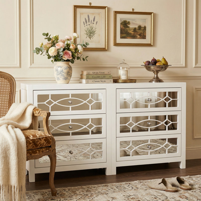 2-Piece White Dresser With Mirrored Drawers