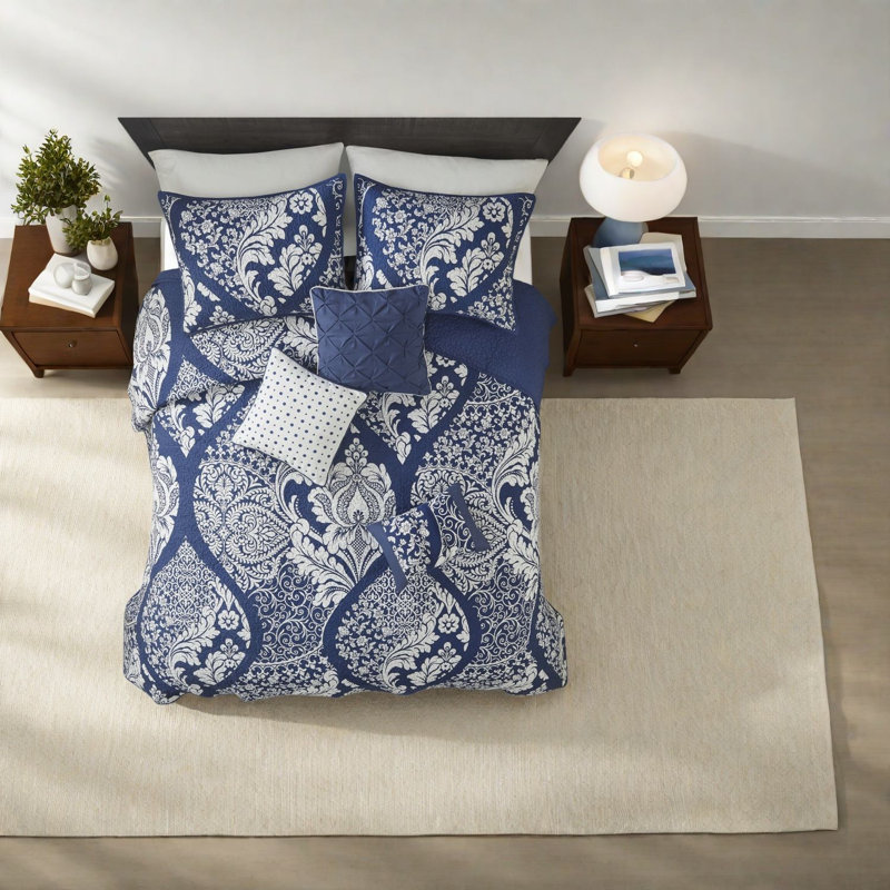 Ensemble de literie luxueux en coton indigo avec coussins décoratifs pour la maison