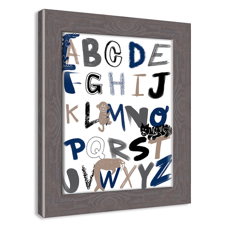 Critter Alphabet 1, impression sur papier, H 14 po x l 10 po x P 0,6 po, Encadré plat à grain de bois gris