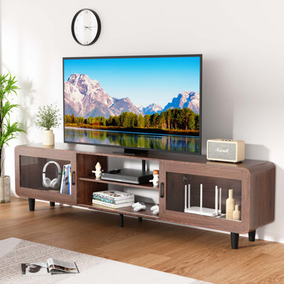 Mid Century Modern TV Stand for 55/60/65/70 Inch TV, Wood Entertainment Center with Power Outlets, Media Console with Sliding Doors and Open Shelf for -  Latitude Run®, 1D5538C68BCF4771BD224BA610FFB217