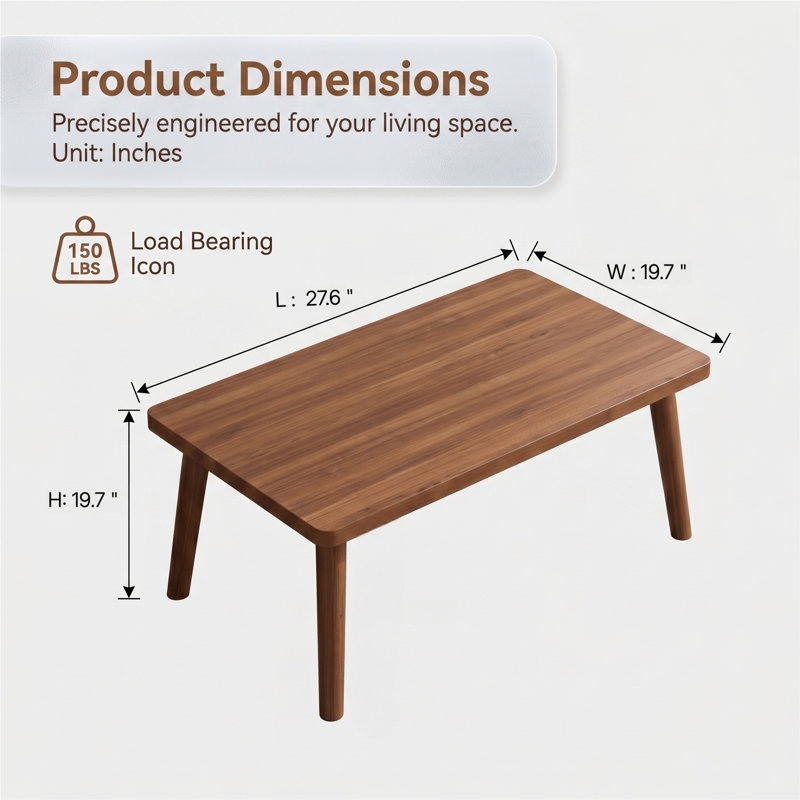 Table basse rectangulaire, conception à coins arrondis, 4 pieds cylindriques, structure en bois, brun