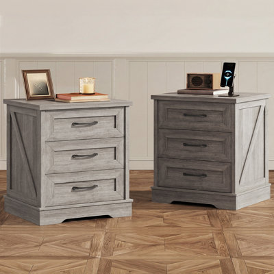 23.6”wx17.7”d Rustic Couch End Table With 3 Ample Drawers, Farmhouse Nightstand With 4 Solid Wood Legs, Vintage Bed Side Table With Durable Structure (set of 2)