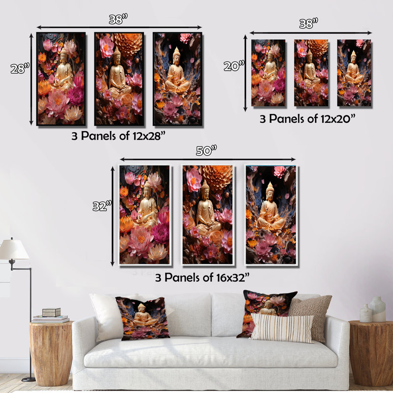 «Gold Pink Buddhism Lotus Enlightenment This», 3 pièces, Toile tendue, H 40 po x l 60 po