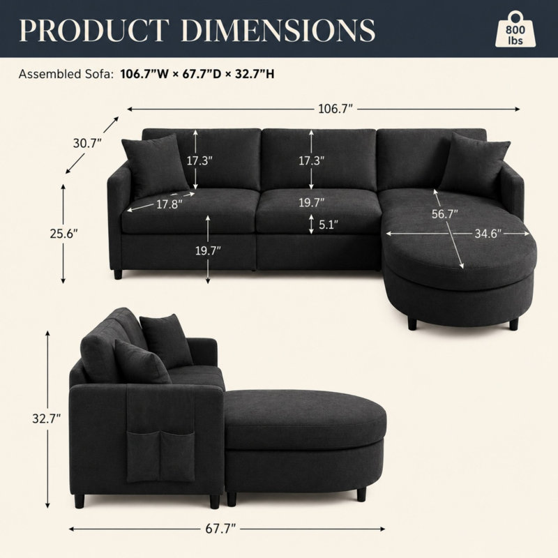 107 Inch Modular Sectional Sofa With Reversible Chaise Ottoman And Storage Pockets