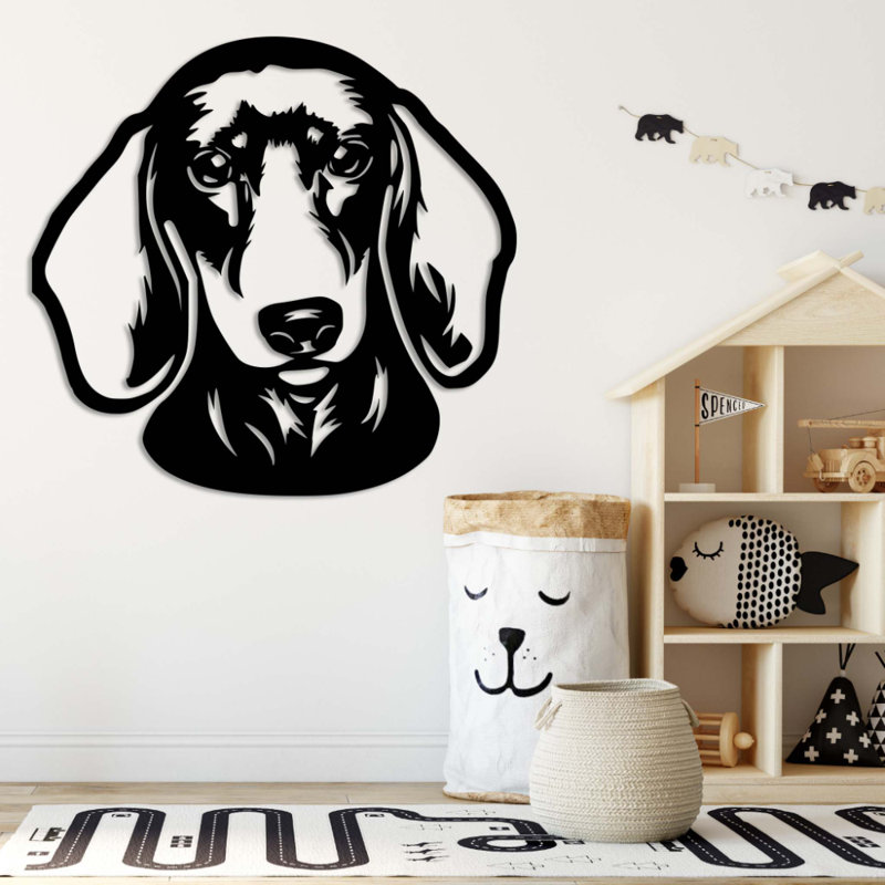 Teckel, art mural en métal - Silhouette de chien - Sculpture de chien, H 16 po x l 16 po x P 0,12 po, Noir