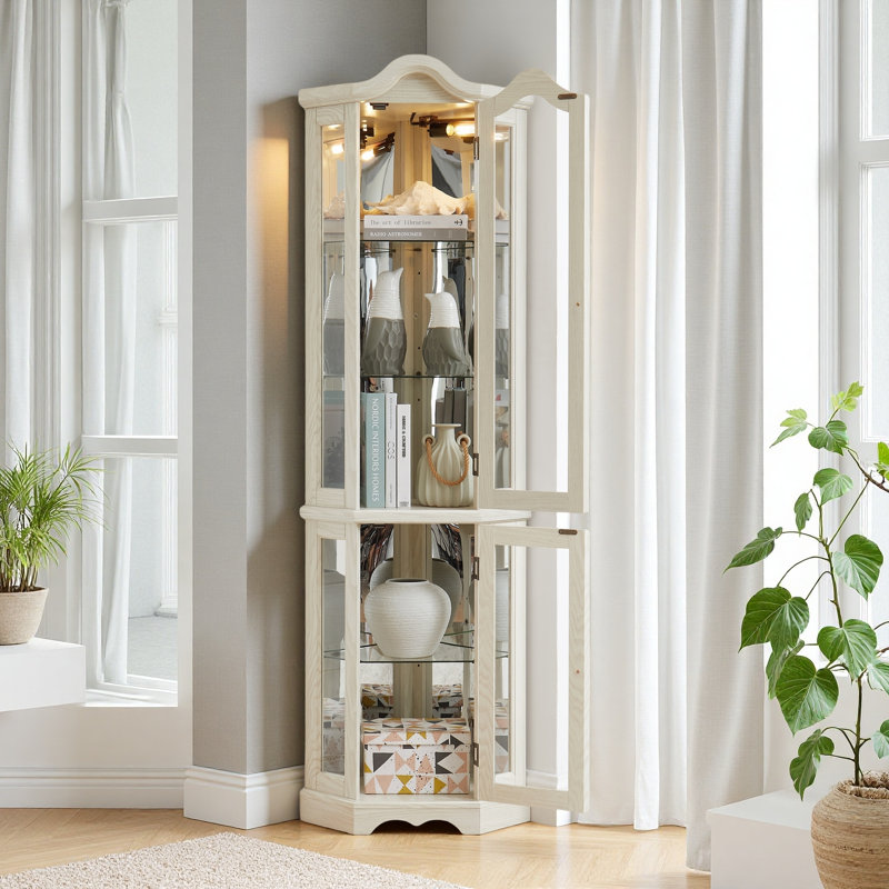 Vitrine de coin lumineuse avec portes et tablettes en verre trempé - rangement élégant en chêne pour le décor du salon et de la chambre à coucher