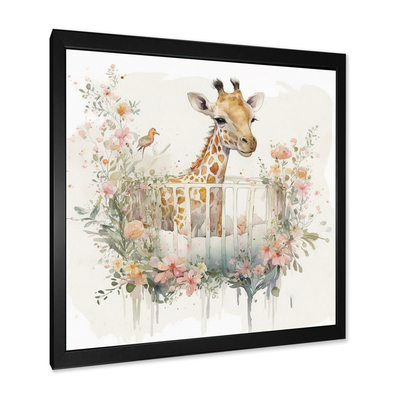 Girafe dans un lit de bébé avec des fleurs - Girafe, art mural sur toile, L 16 po x H 16 po