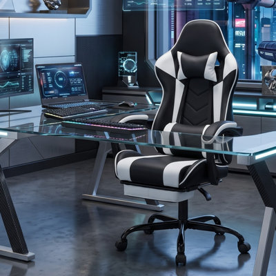 Fauteuil de jeu ergonomique avec repose-pieds, appui-tête et support de massage lombaire, chaise de bureau