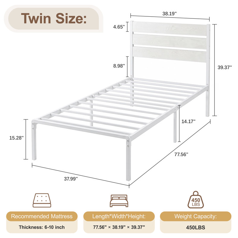 Lit Kempst de 42,5 po avec tête de lit en bois rustique rétro, Simple, White