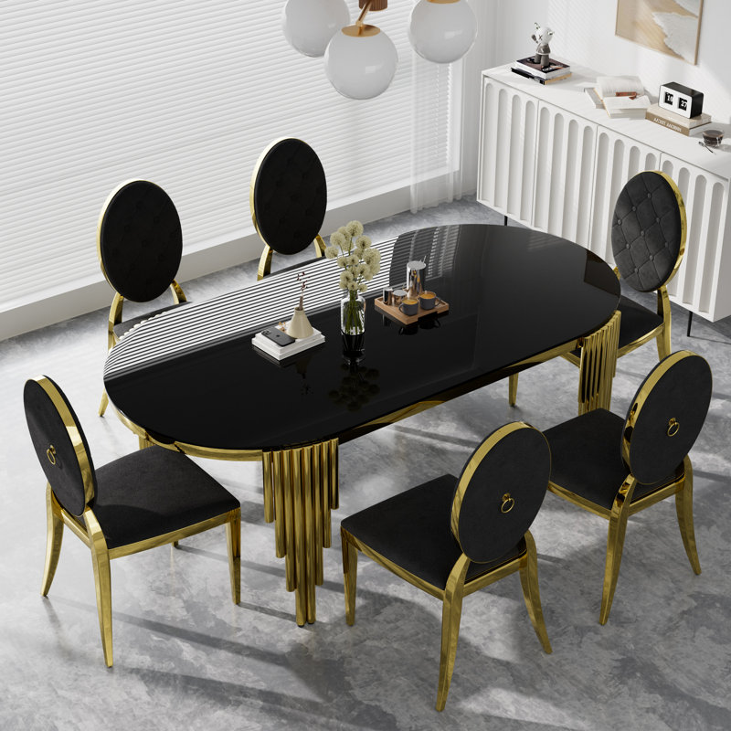 Ensemble de table de salle à manger rectangulaire en verre trempé avec chaise Luxtury, Noir, 7