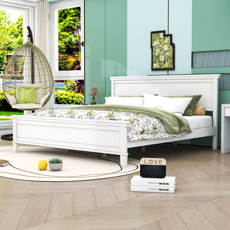 Lit plateforme en bois avec tête de lit, Blanc, Très grand
