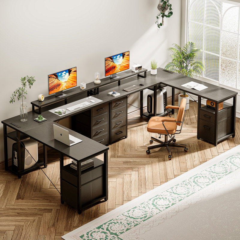 Bureau de jeu en L Elverton avec prises intégrées, Noir, H 35,04 po x l 66,14 po x P 58,27 po