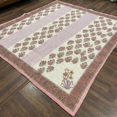 House of Avana Cream & Deep Rose Olive Green Floral Jaipur Indian Hand Block Print Quilted Comforter