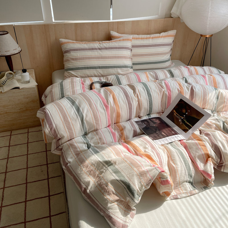 Farmhouse Colorful Pinstripe Washed Cotton Duvet Cover Set, Orange/White, Full Duvet Cover + 2 Pillowcases