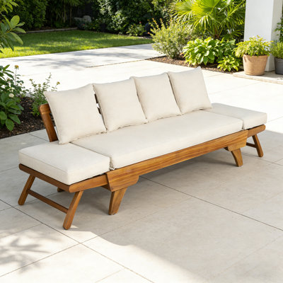 Outdoor 3-in-1 Patio Daybed Sofa - Convertible Acacia Wood Frame with Removable Beige Cushions