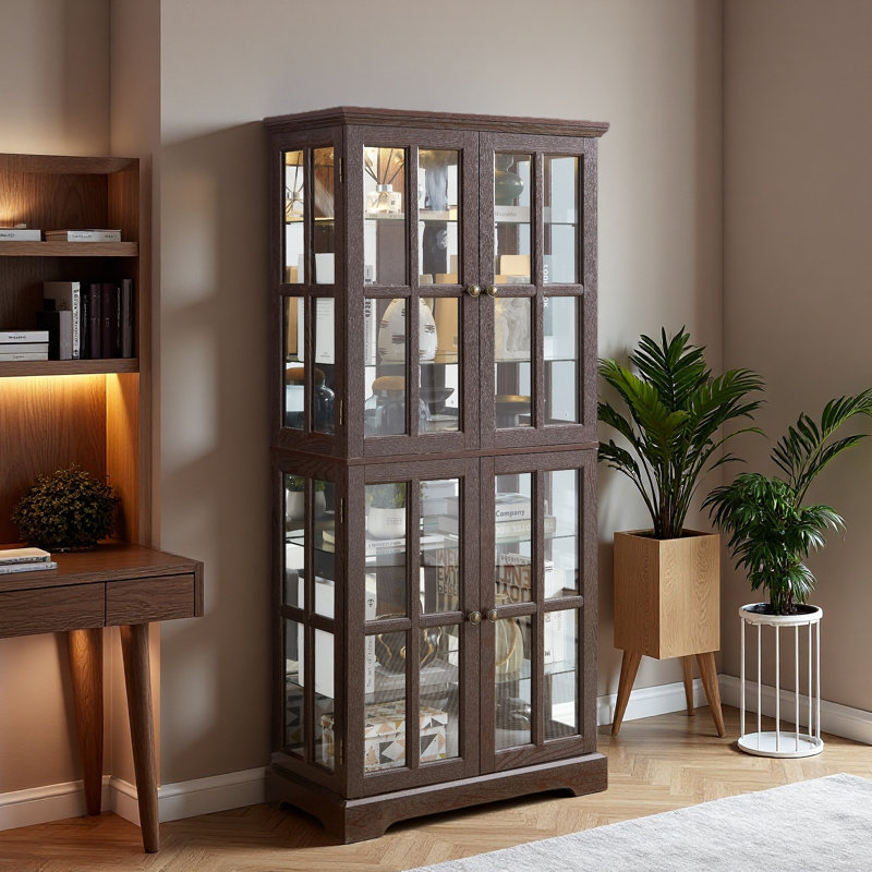 Display Cabinet, Antique Display Cabinet With Glass Doors Adjustable Shelves For Collectibles Four Door Design Vintage Showcase For Home Or Office Antique Display Case E26 Bulb Included CHE