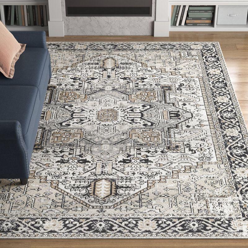 Haughton Machine Washable Oriental Black/Taupe Area Rug, Rectangle 9'3" x 12'