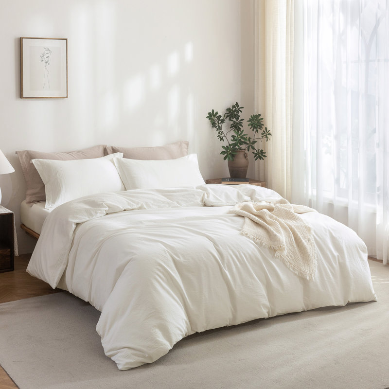 Solayne 100% Washed Cotton Duvet Cover Set with Faux Hemp Texture, Solid Color, Zipper Closure and Corner Ties, Milky White
