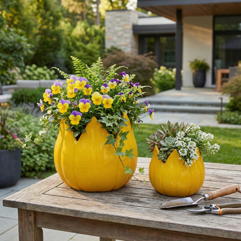 Ensemble de 2 pots à fleurs en céramique avec motif décoratif sculpté - durable et élégant, H 7 po x l 8 po x P 8 po, Jaune