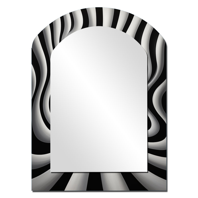 Black White Optical Art Dream I - Op Art Arch Decorative Wall Mirror, Modern Asymmetrical Mirror, Printed Metal Art