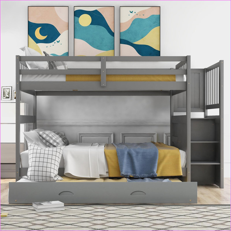 Lit superposé double au-dessus de double avec lit gigogne simple 4 tiroirs - gris, aucun sommier nécessaire