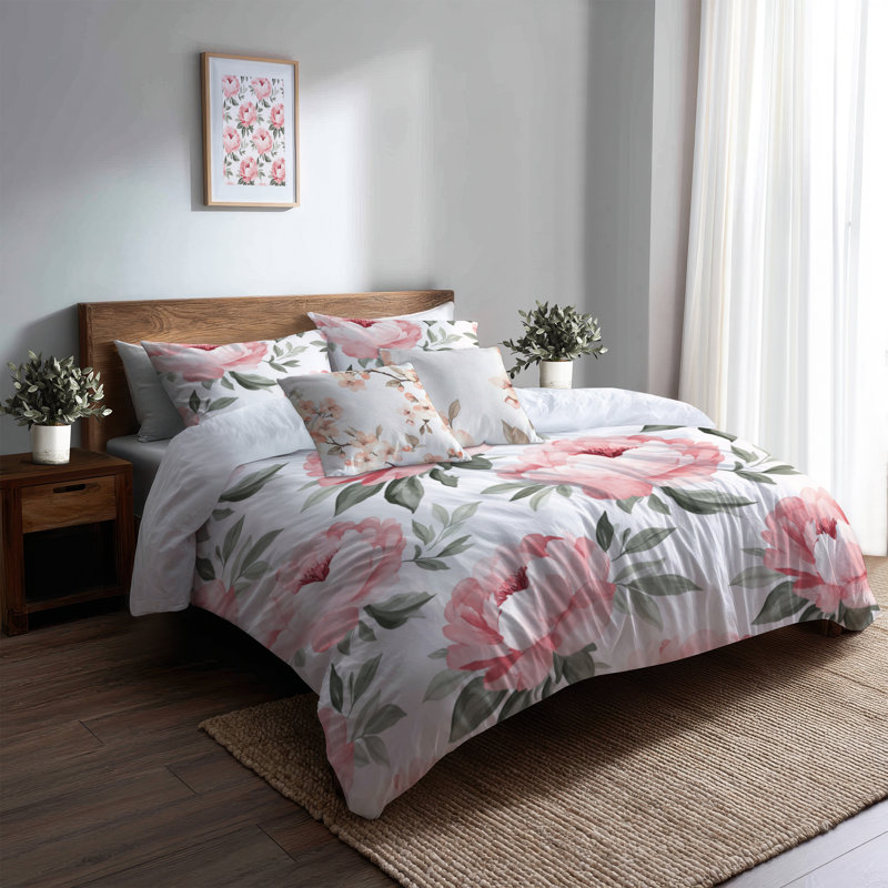 Ensemble de literie à motif floral 5 pièces - Housse de couette et coussin décoratif