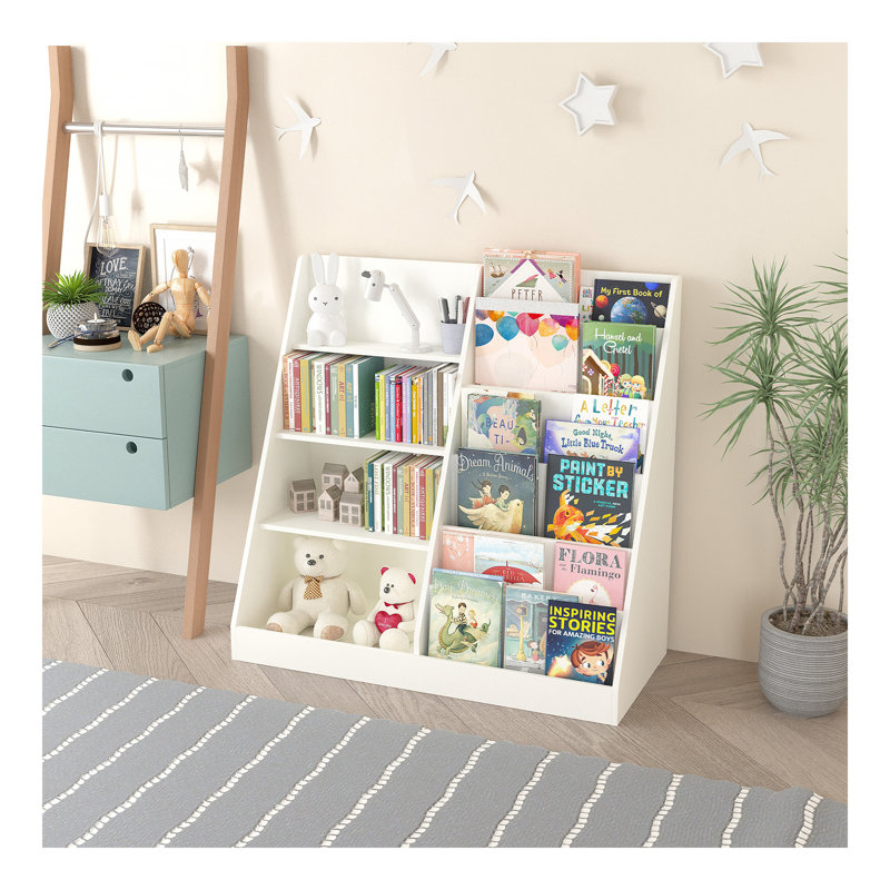 Bookshelf and Toy Storage Organizer, Multifunctional 4 Tier Wooden  Book Shelf with  Bookcase Display Stand in  Room Playroom Nursery for , ren, Toddlers
