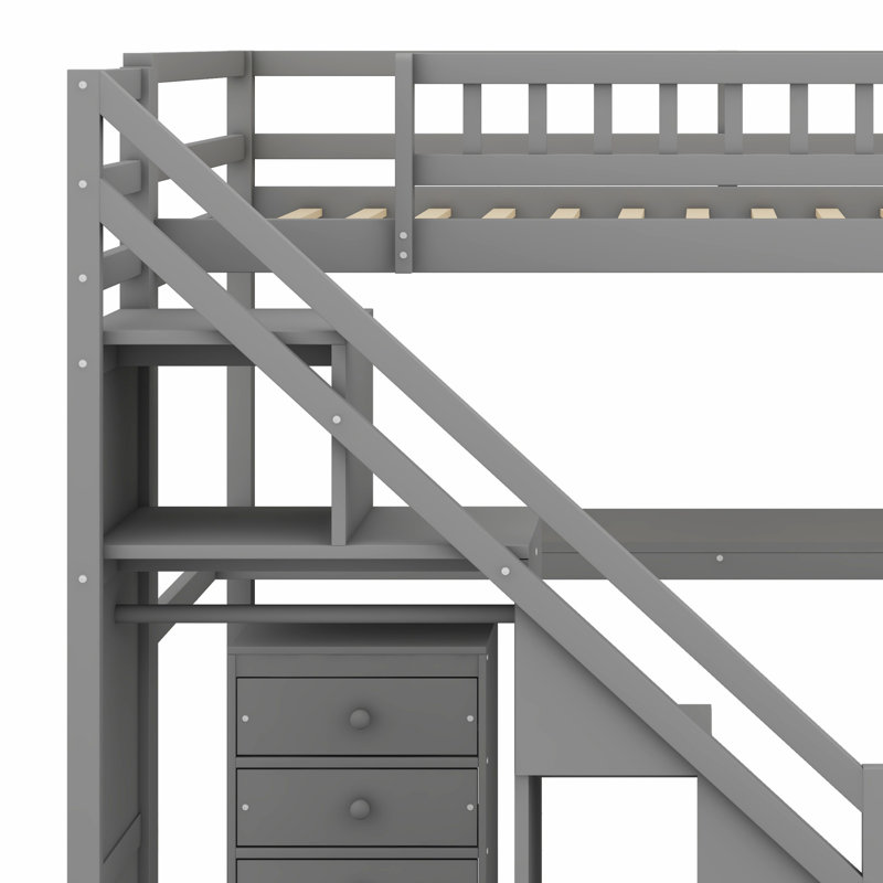 Lit mezzanine avec commode, bureau et bande lumineuse, Gris, Lit simple