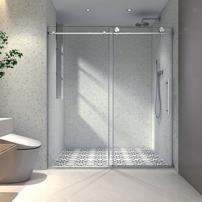 Matte Black Shower Door 6076, 70Mm Stainless Steel Pulleys, , Nano Clean, Tempered Glass, Bathroom Enhancement Product 6076 Door, Design With One Fixed & Shifted Panel, 304 Soft Closing, Easy Glass