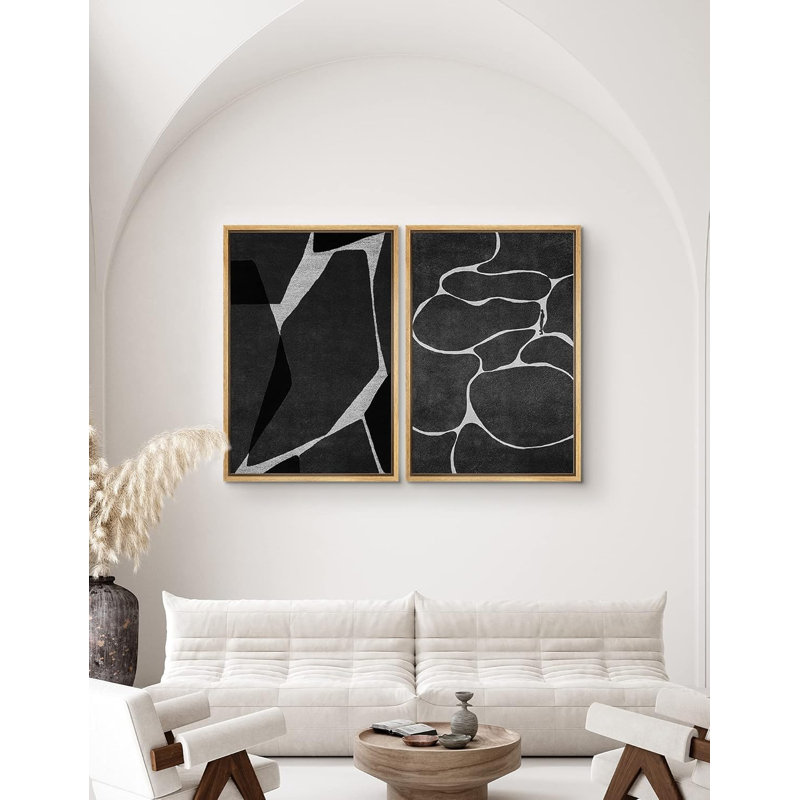 Formes angulaires noires avec ovales oblongs, art moderne abstrait géométrique foncé, H 36 po x l 24 po