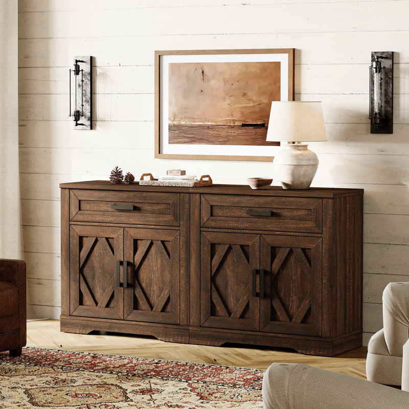 Glenford 63"W Large Modern Farmhouse Office Storage Cabinet With Barn Doors & Drawers, Scratch-Resistant Tree Bark Finish